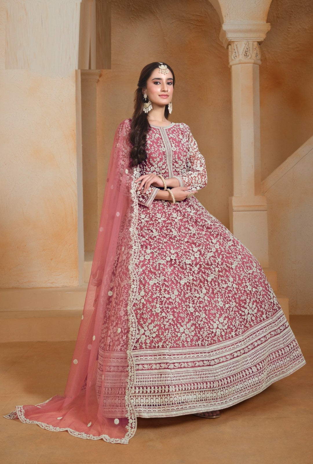 Women Pink Net Floor Length Suit Set