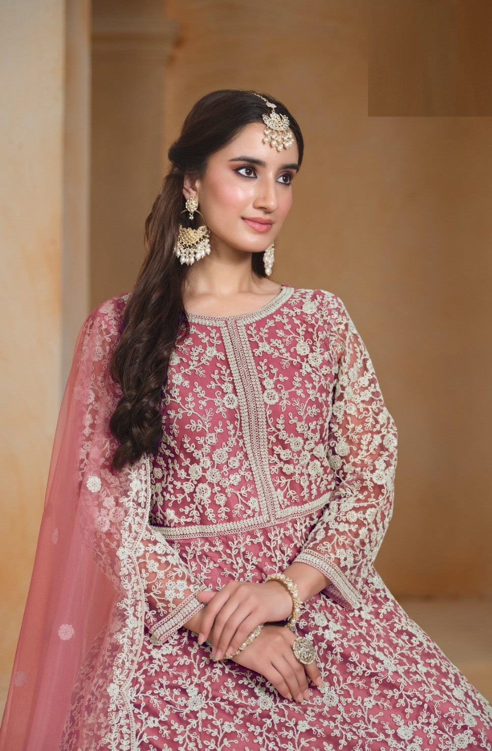 Women Pink Net Floor Length Suit Set