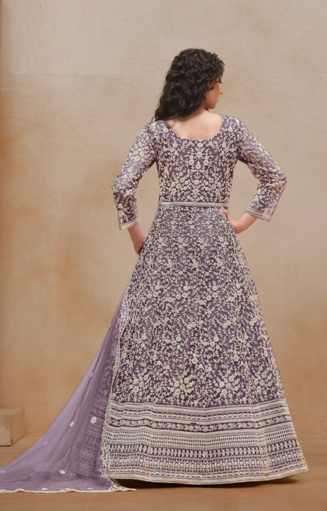Women Violet Net Floor Length Suit Set