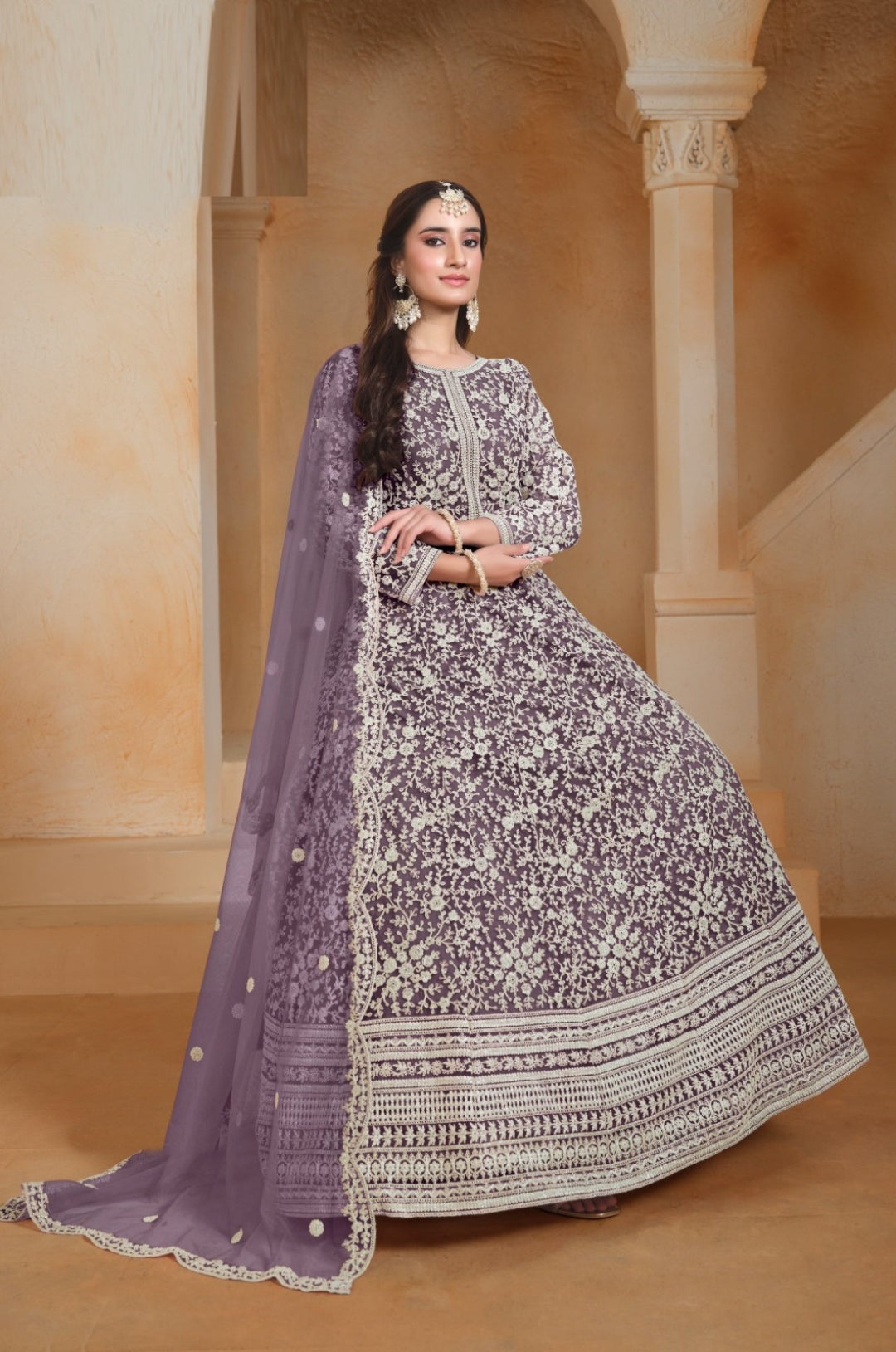 Women Violet Net Floor Length Suit Set