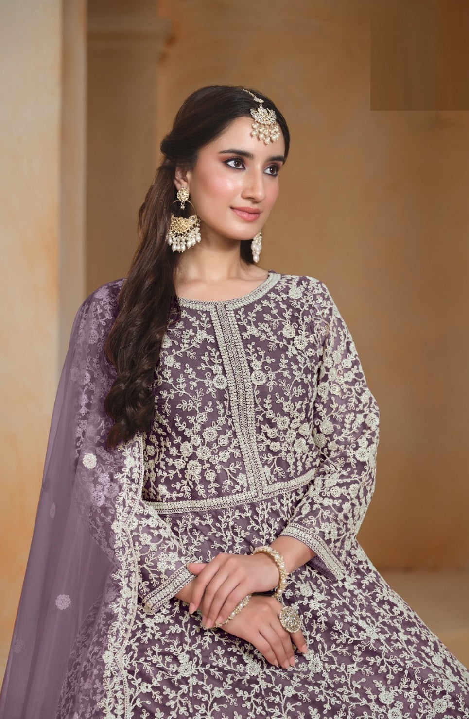 Women Violet Net Floor Length Suit Set