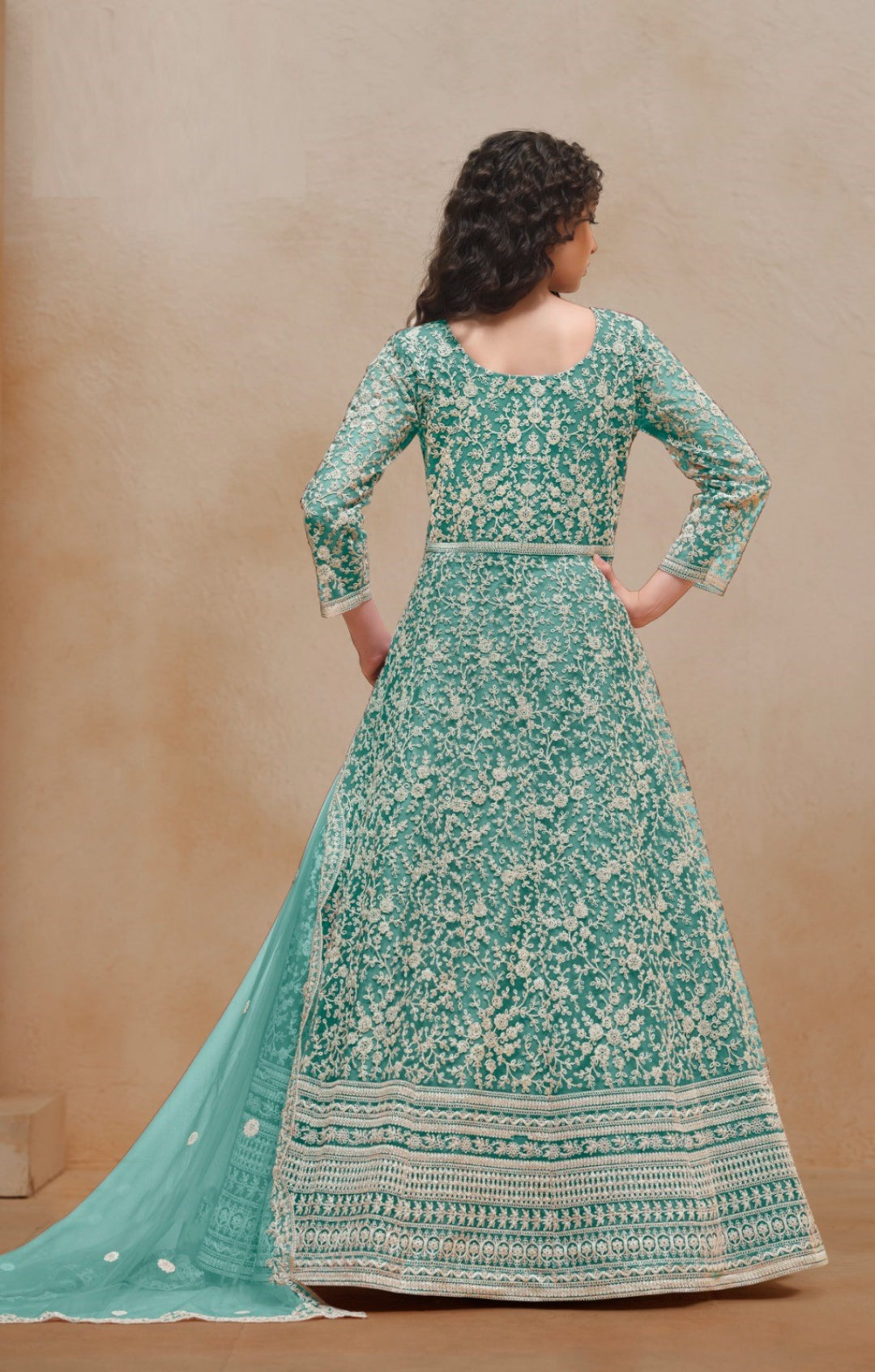 Women Rama Green Net Floor Length Suit Set
