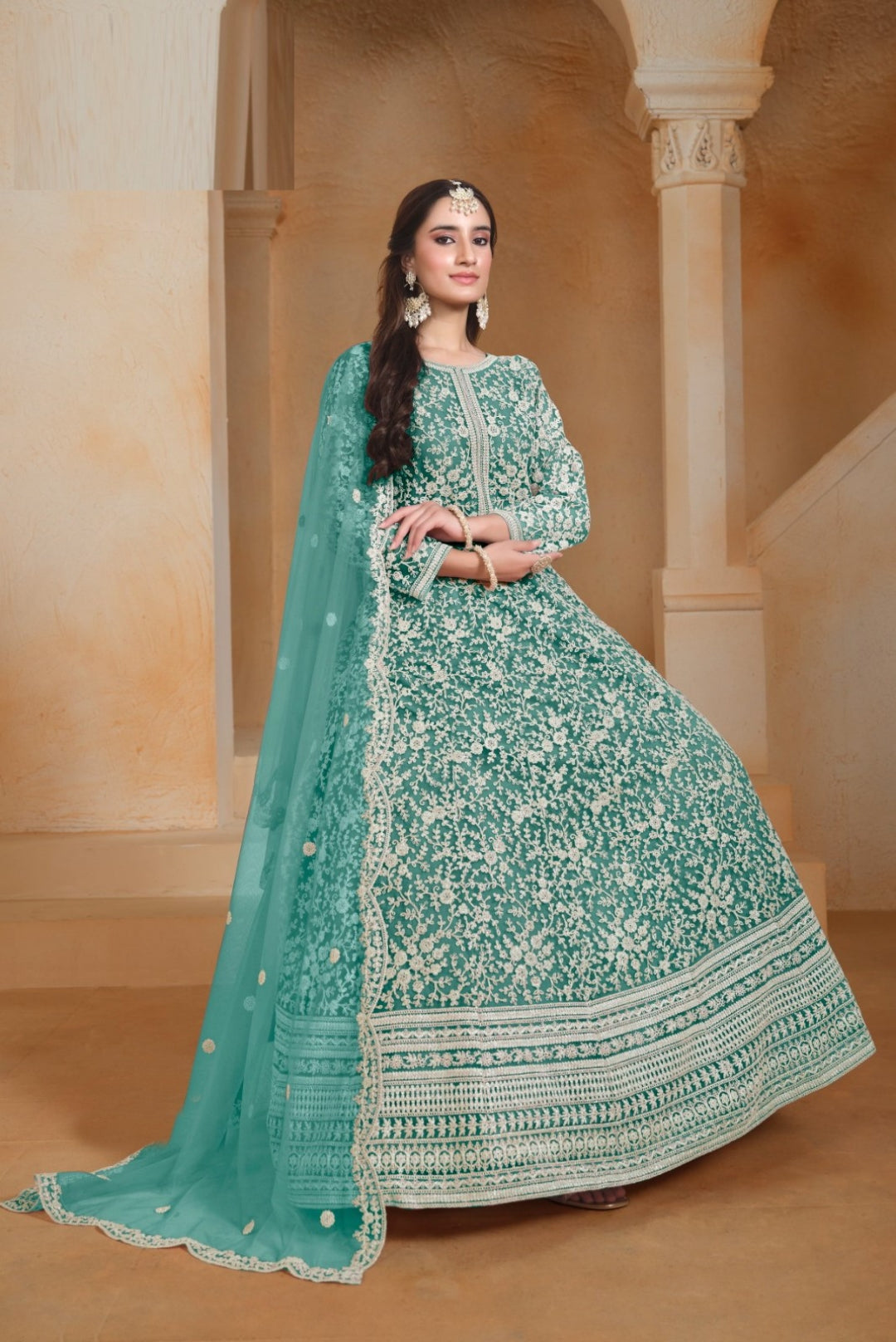 Women Rama Green Net Floor Length Suit Set