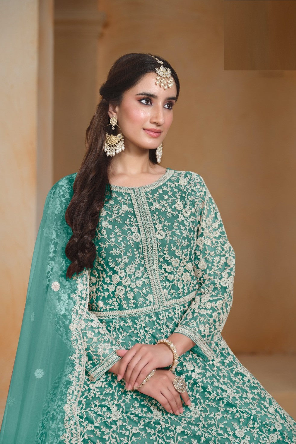 Women Rama Green Net Floor Length Suit Set