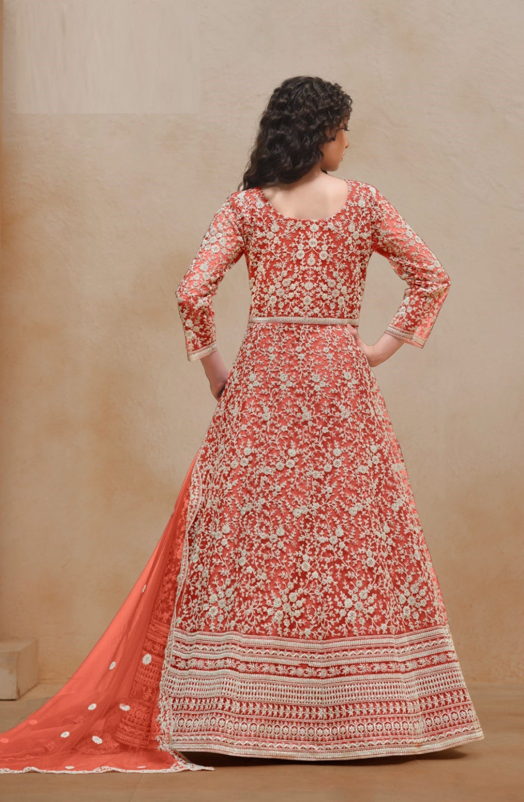 Women Peach Net Floor Length Suit Set