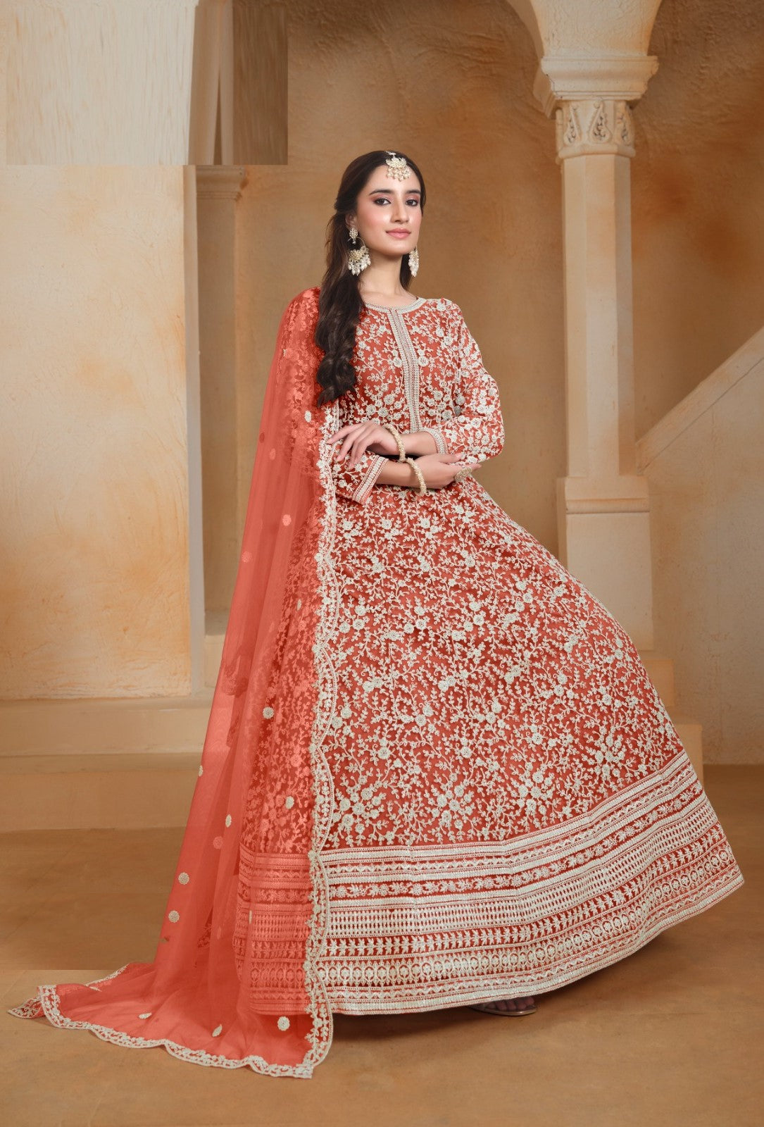 Women Peach Net Floor Length Suit Set
