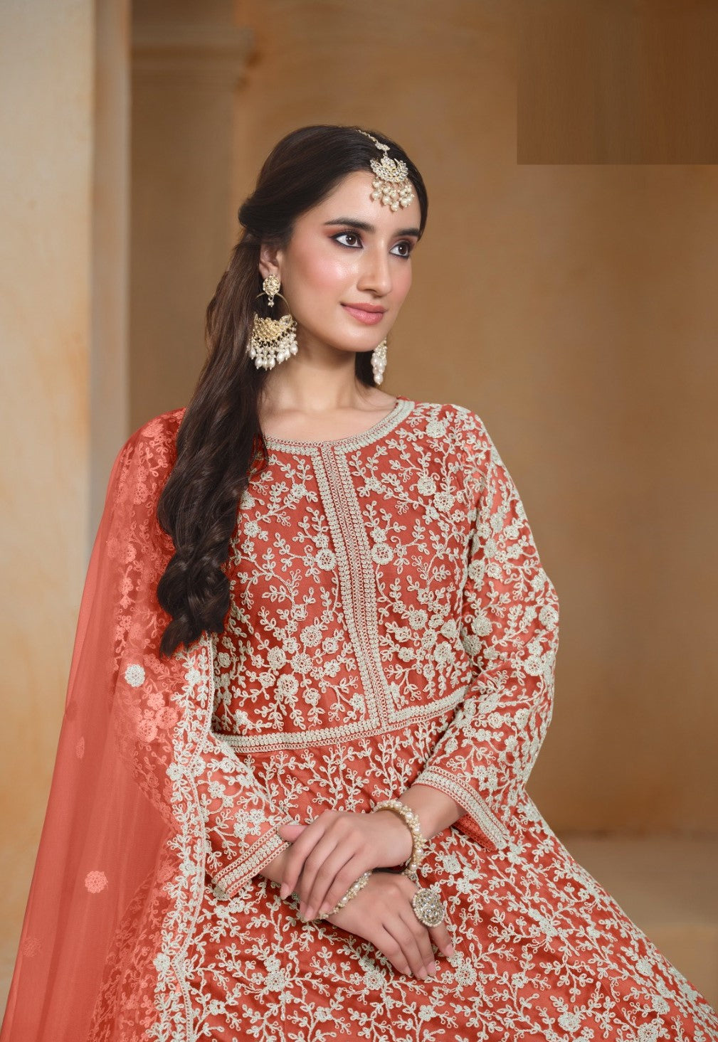 Women Peach Net Floor Length Suit Set