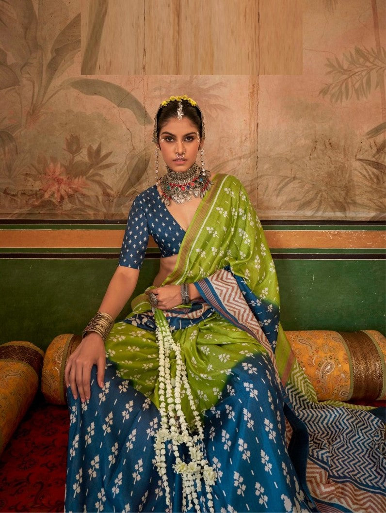 Green And Blue Silk Printed Saree