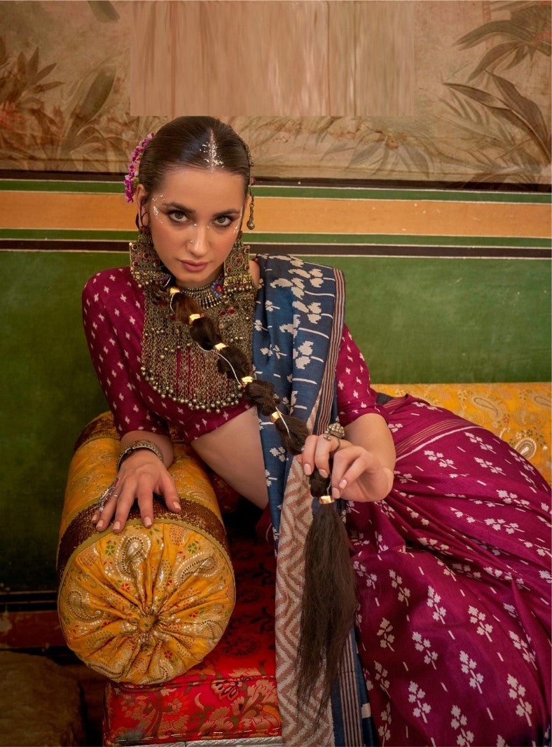 Fashionable Burgundy And Blue Silk Printed Saree