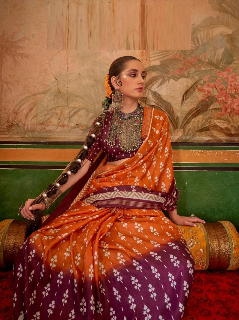 Elegant Wine And Rust Silk Printed Saree