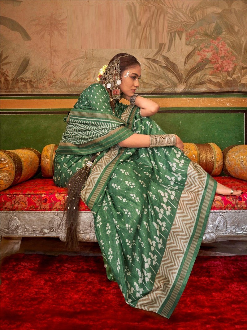 Women Green Silk Printed Saree