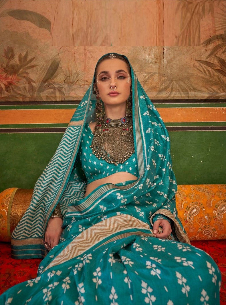 Classic Teal Silk Printed Saree