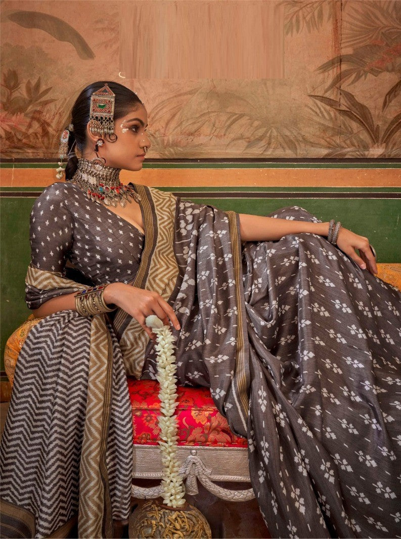 Women Grey Silk Printed Saree