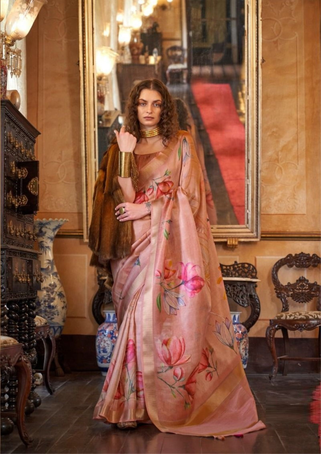 Weadding Wear Peach Soft Weaving Banarasi Floral Saree