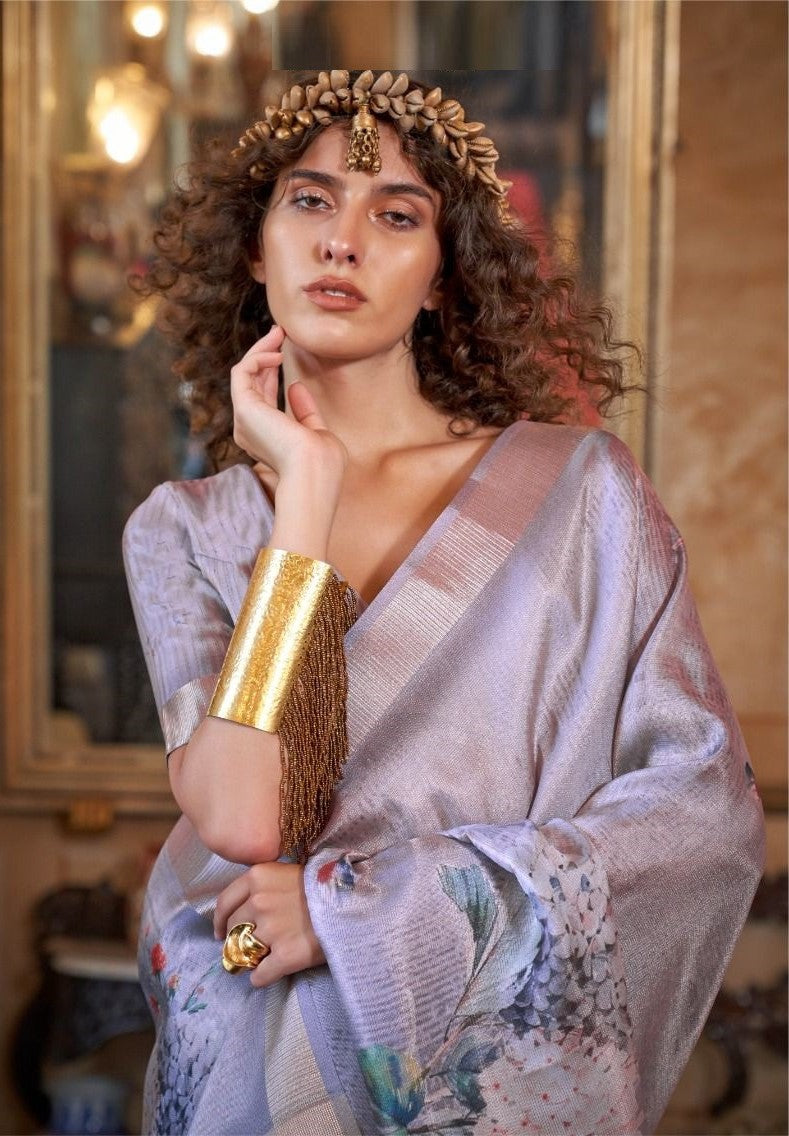 Elegant Light Grey Soft Weaving Banarasi Floral Saree