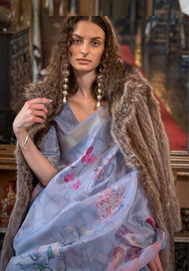 Fashionable Light Blue Soft Weaving Banarasi Floral Saree