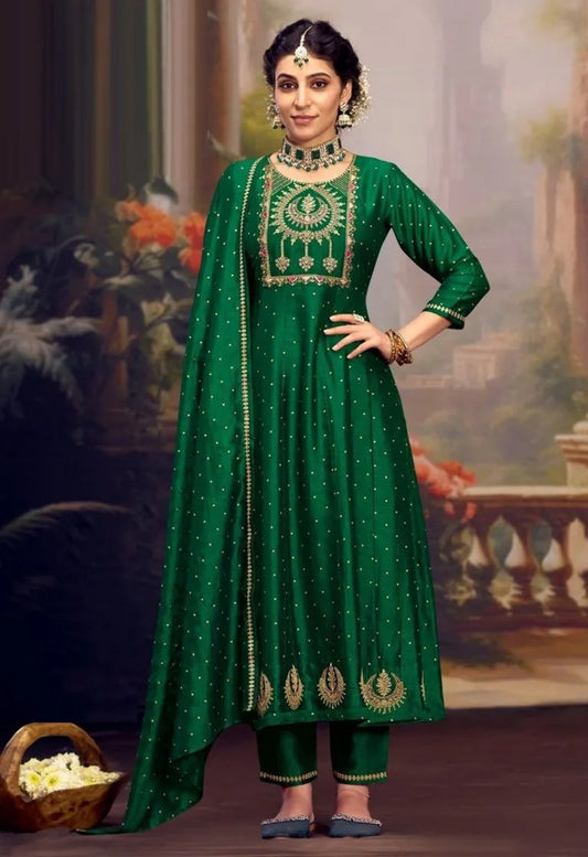 Women Green Silk With Full Inner Anarkali Suit Set