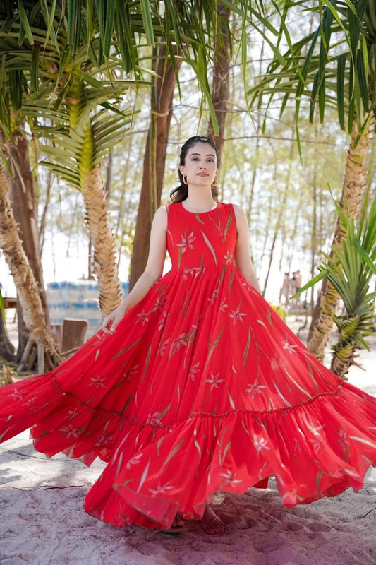 Women Tomato Red Georgette Floor Length Gown