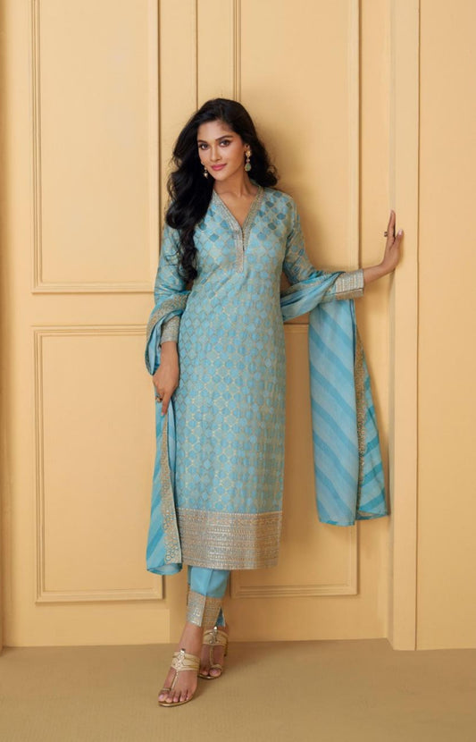 Breathtaking Light Blue Viscose Jacquard Silk Suit Set