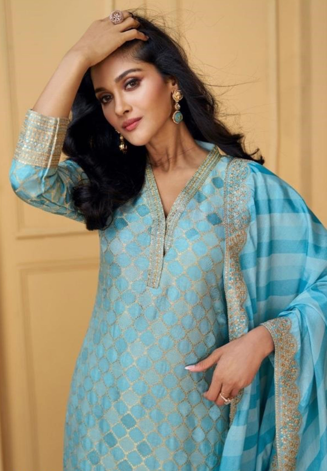 Breathtaking Light Blue Viscose Jacquard Silk Suit Set