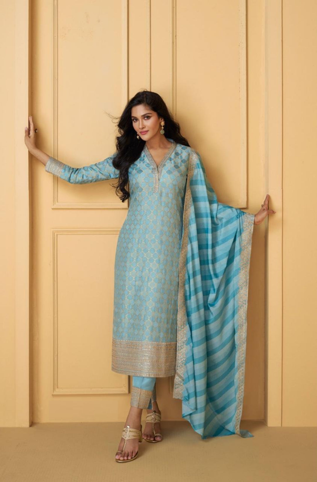 Breathtaking Light Blue Viscose Jacquard Silk Suit Set
