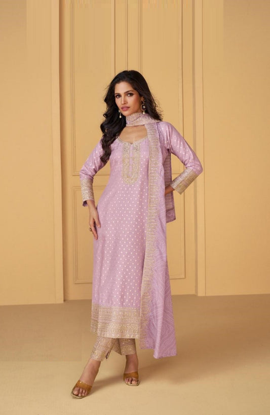 Gleaming Light Purple Viscose Jacquard Silk Suit Set