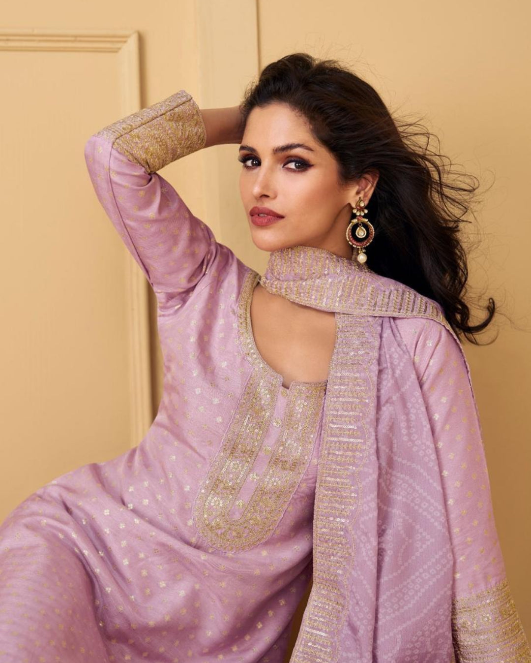 Gleaming Light Purple Viscose Jacquard Silk Suit Set