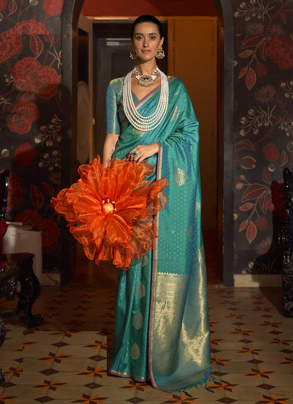 Spectacular Teal Weaving Silk Handloom Saree
