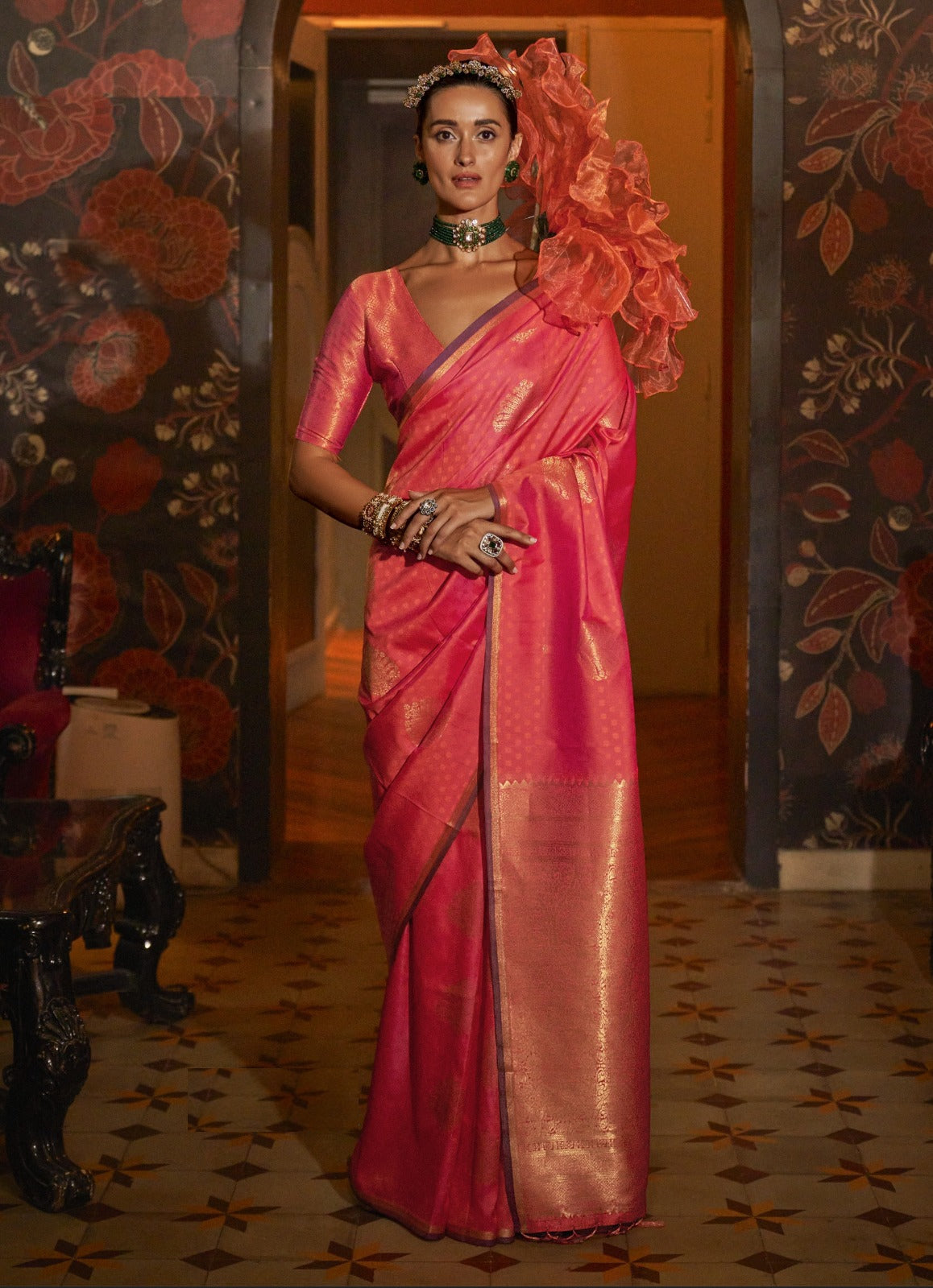 Exquisite Pink Weaving Silk Handloom Saree