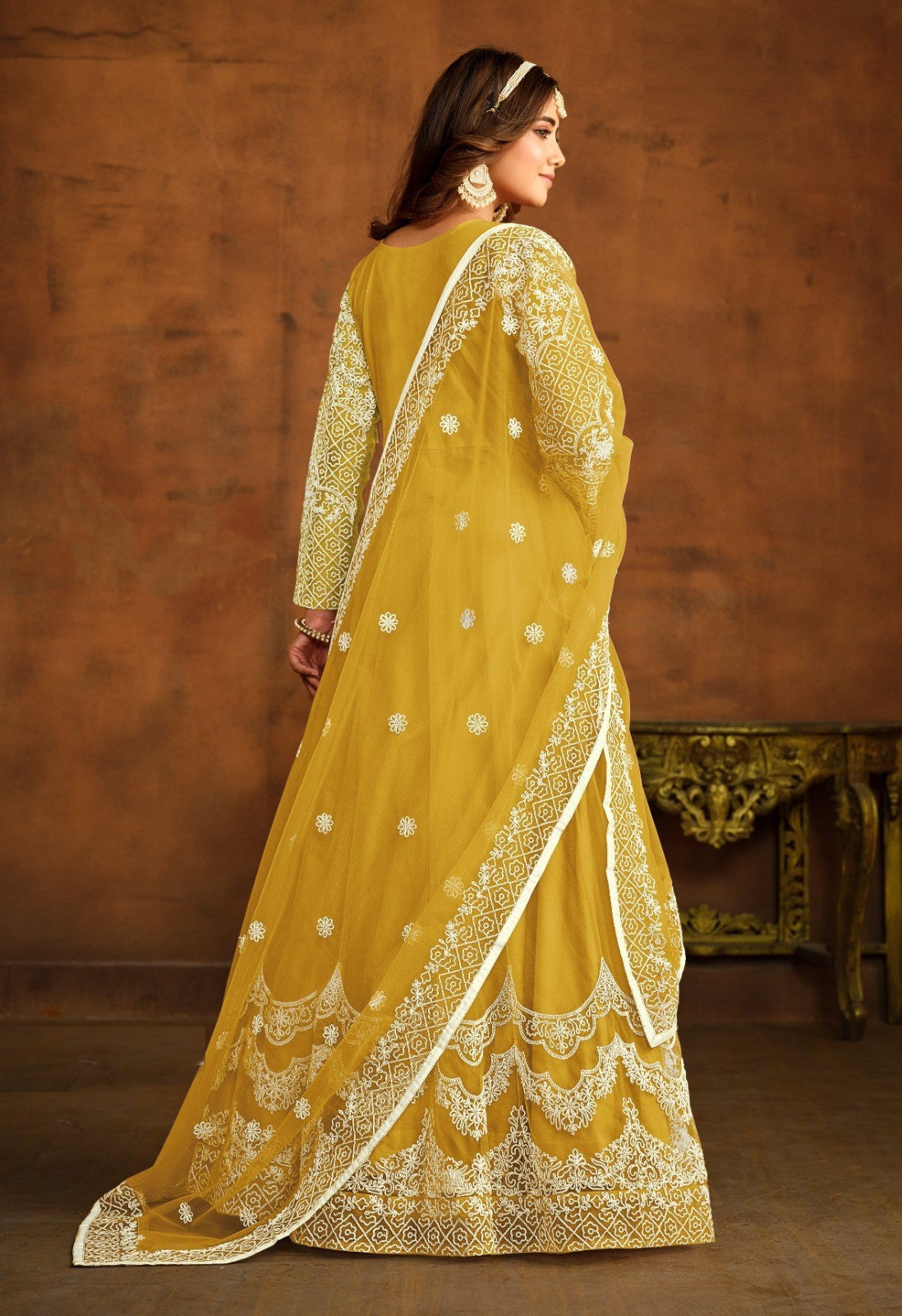 Stylish Mustard Net Floor Length Suit Set With Embroidery Work