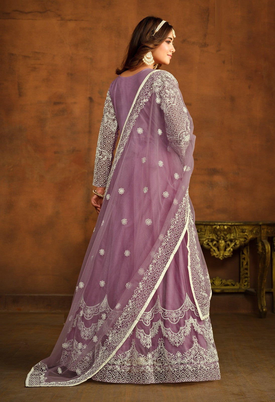 Classy Violet Net Floor Length Suit Set With Embroidery Work