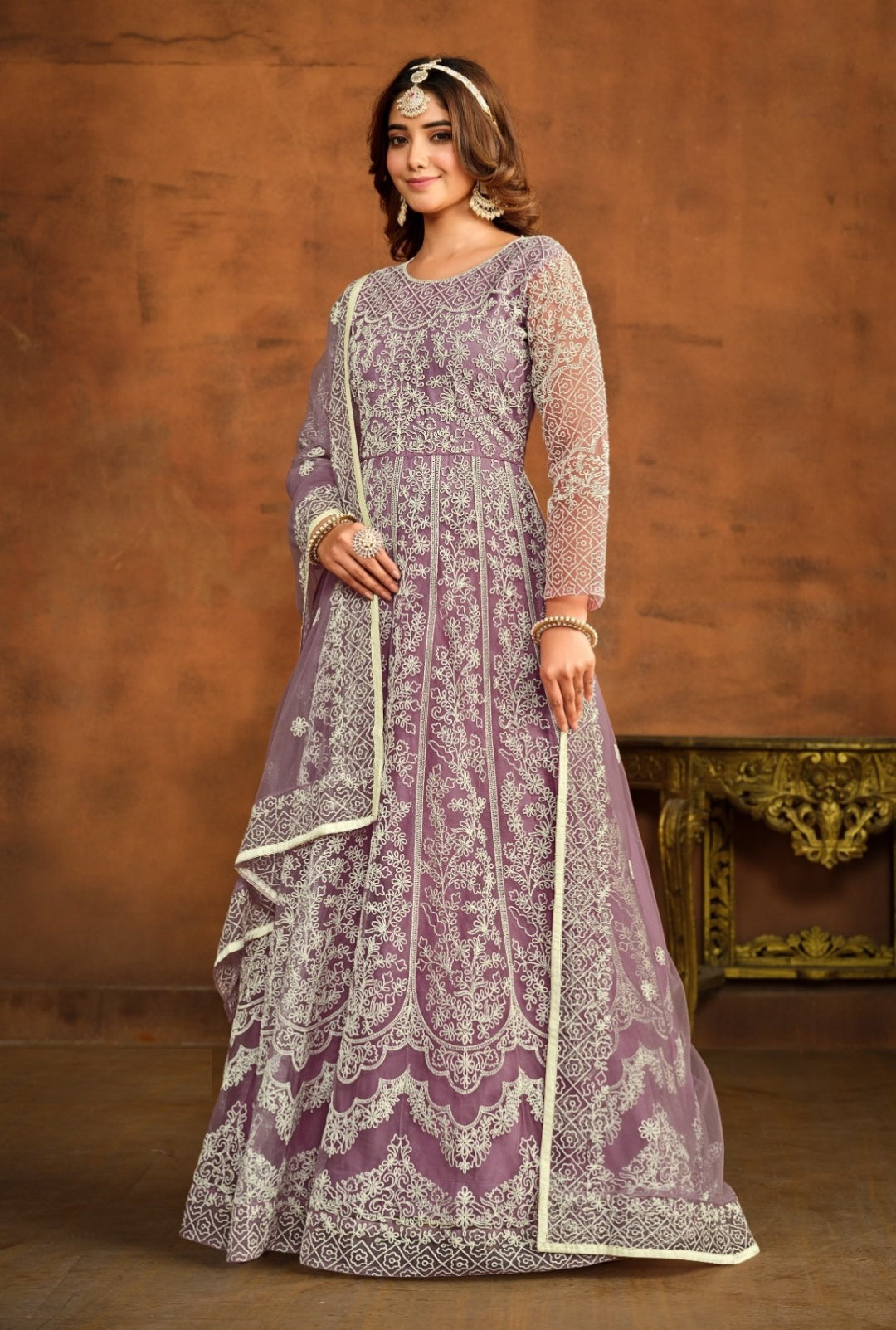 Classy Violet Net Floor Length Suit Set With Embroidery Work