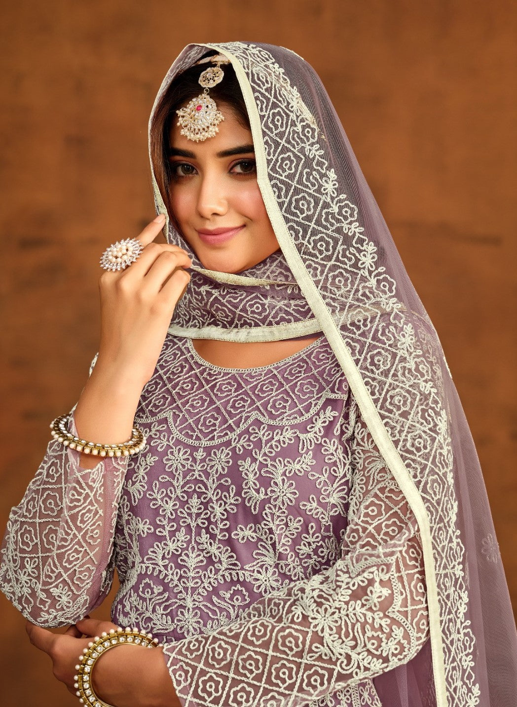 Classy Violet Net Floor Length Suit Set With Embroidery Work