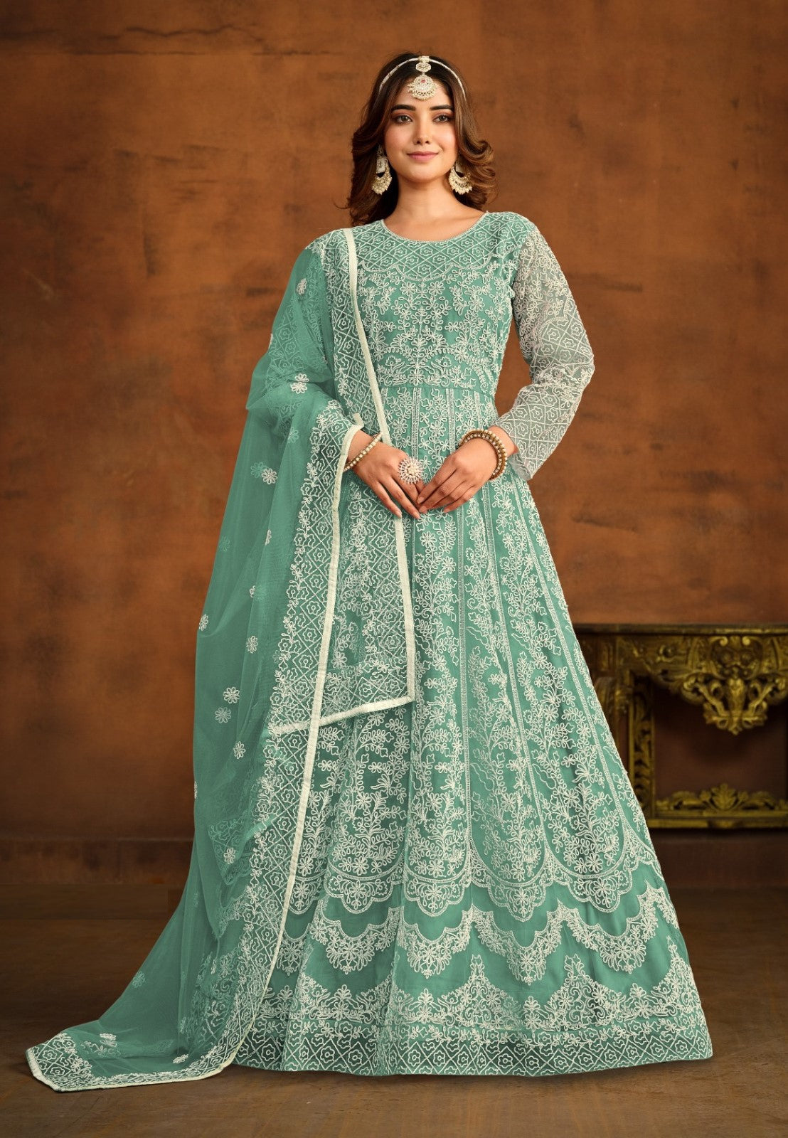 Glamorous Sea Green Net Floor Length Suit Set With Embroidery Work