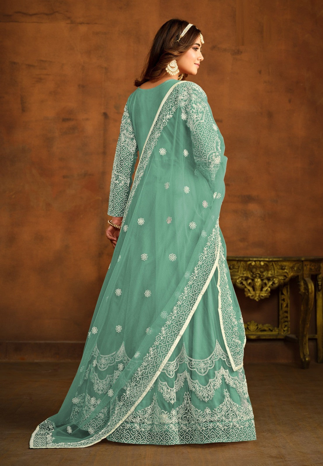 Glamorous Sea Green Net Floor Length Suit Set With Embroidery Work