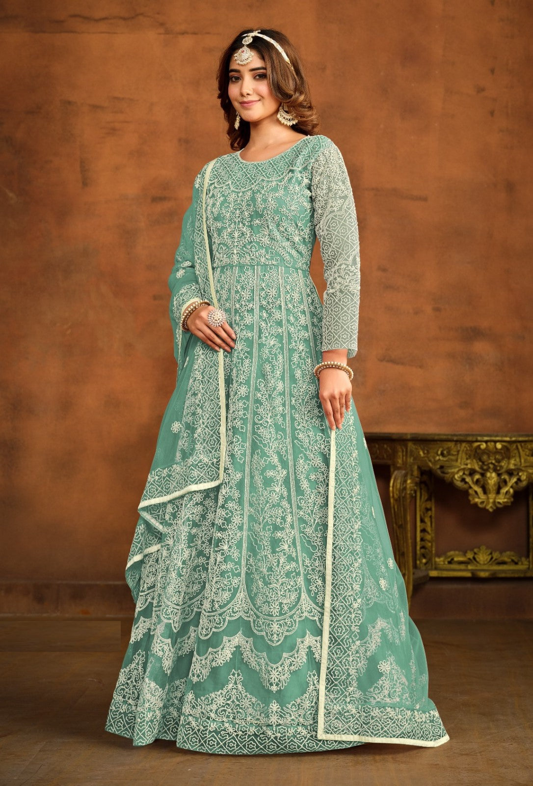 Glamorous Sea Green Net Floor Length Suit Set With Embroidery Work