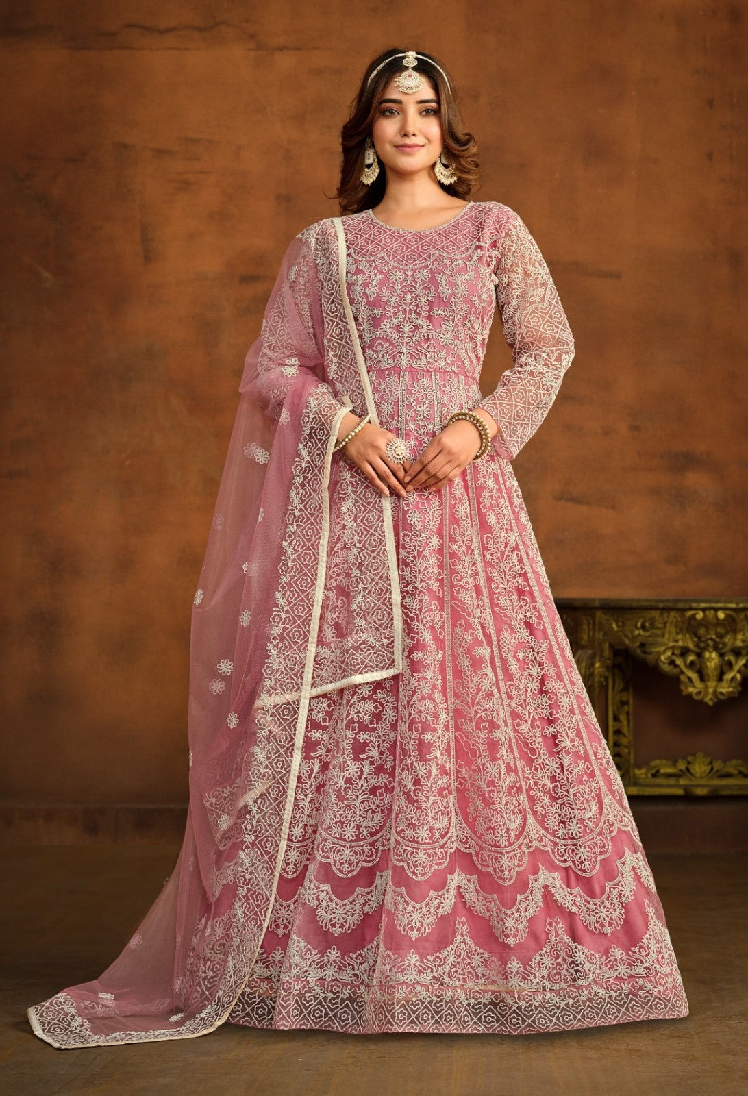 Flawless Light Pink Net Floor Length Suit Set With Embroidery Work