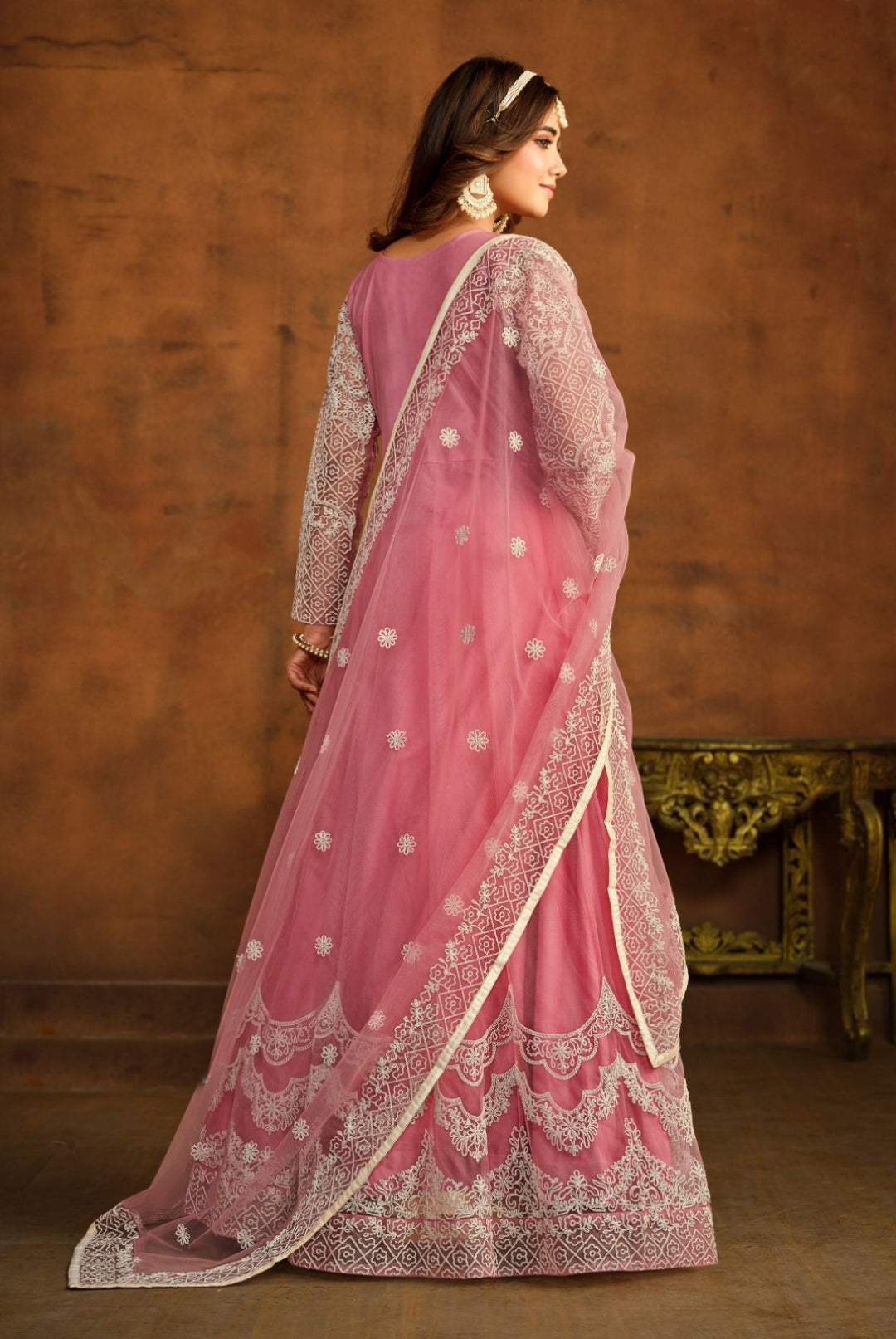 Flawless Light Pink Net Floor Length Suit Set With Embroidery Work