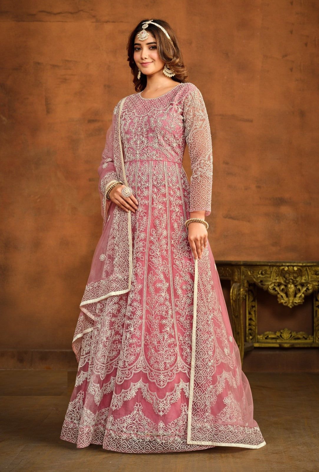 Flawless Light Pink Net Floor Length Suit Set With Embroidery Work