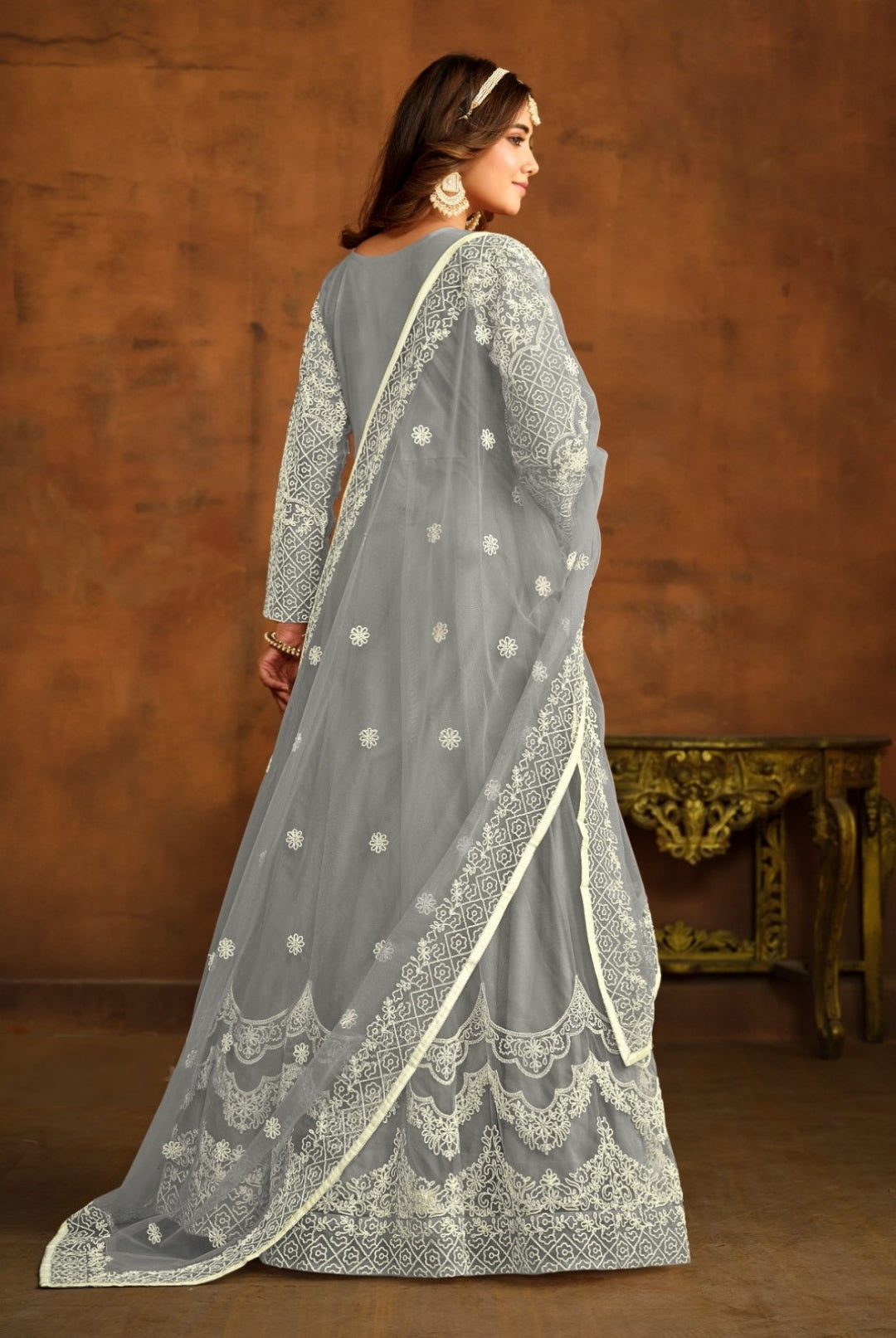 Dazzling Grey Net Floor Length Suit Set With Embroidery Work