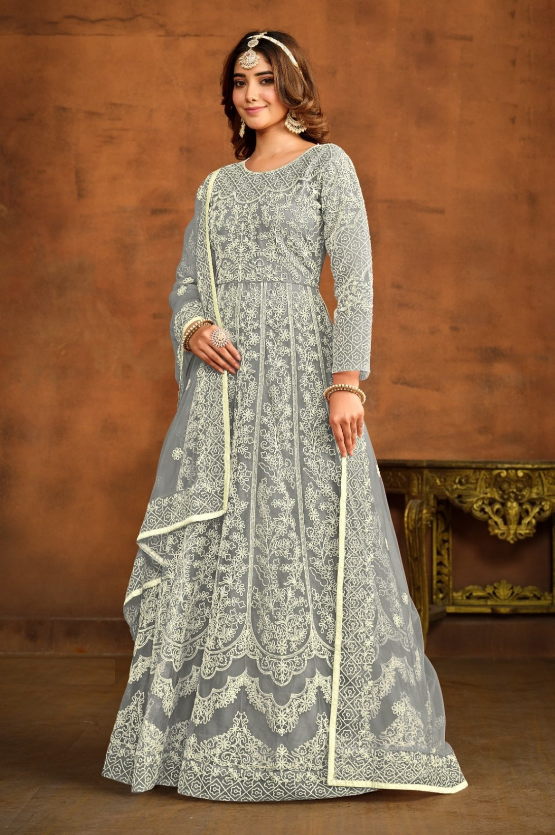 Dazzling Grey Net Floor Length Suit Set With Embroidery Work