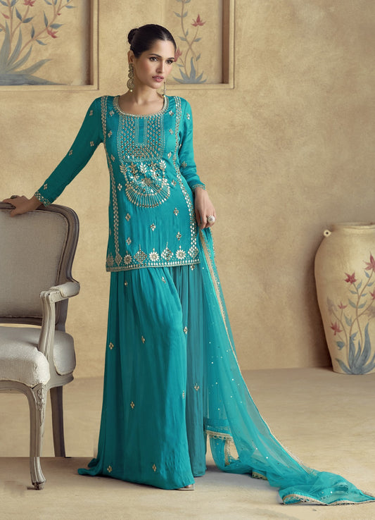 Women Blue Silk Palazzo Bottom Suit Set