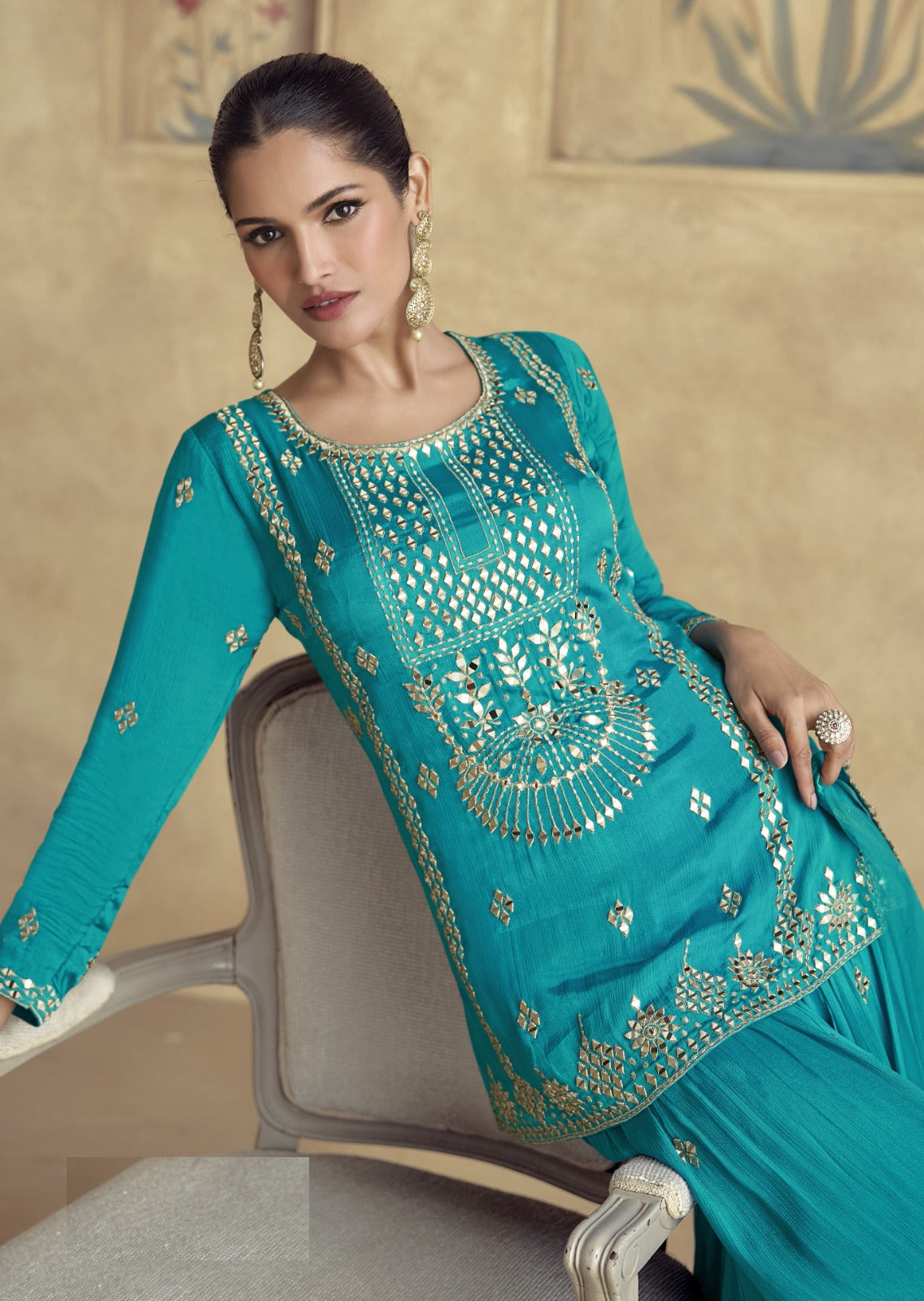 Women Blue Silk Palazzo Bottom Suit Set