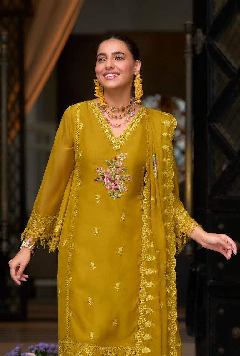 Women Mustard Soft Blooming Organza Organza Suit Set