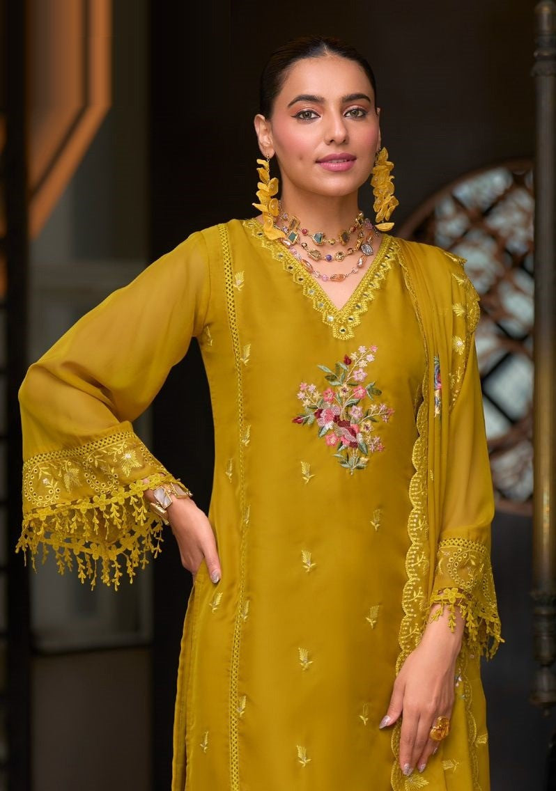 Women Mustard Soft Blooming Organza Organza Suit Set