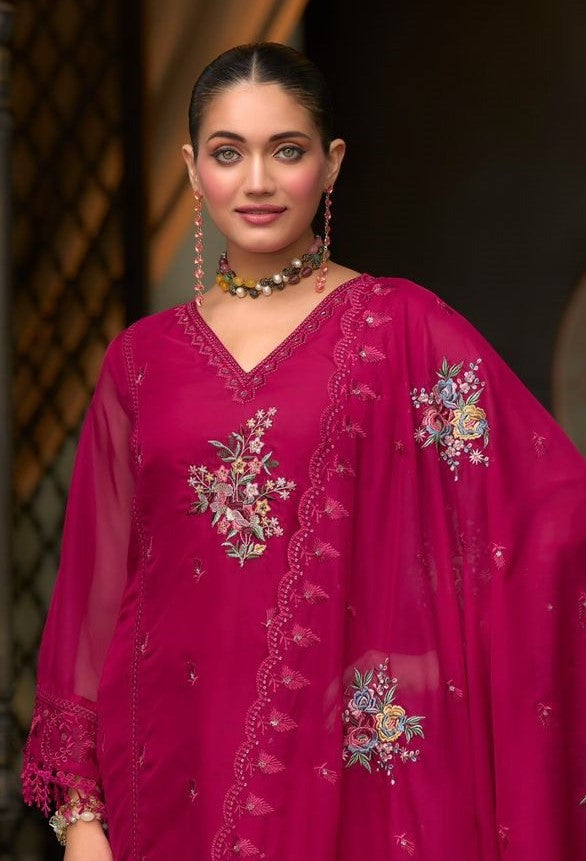 Women Dark Pink Soft Blooming Organza Organza Suit Set