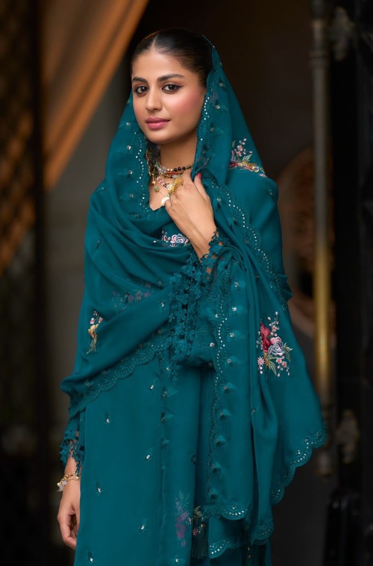 Women Dark Teal Soft Blooming Organza Organza Suit Set