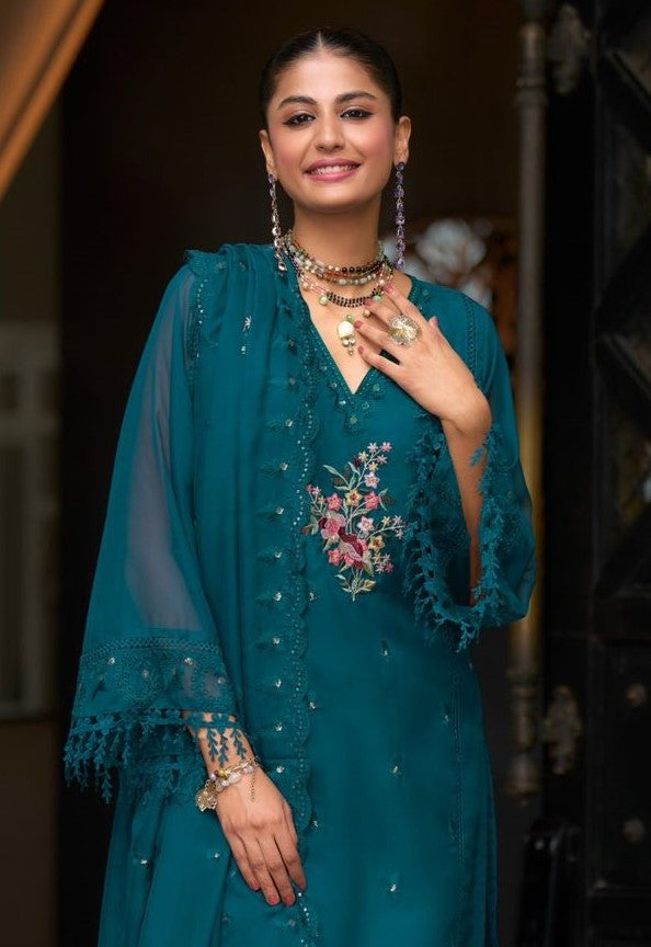 Women Dark Teal Soft Blooming Organza Organza Suit Set