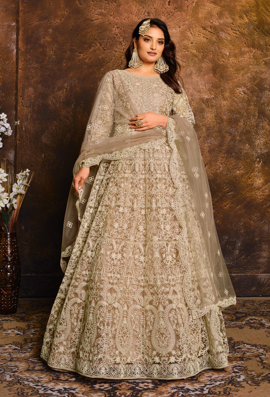 Exquisit Beige Net Floor Length Suit Set