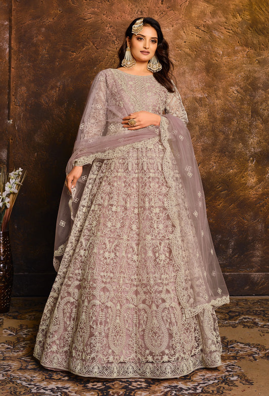 Spectacular Violet Net Floor Length Suit Set